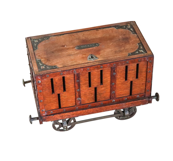 TRAIN-WAGON 1900 Antique Desk Cigar Box With Wheels In Oak Wood & Bronze