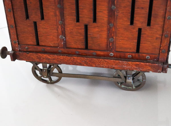 TRAIN-WAGON 1900 Antique Desk Cigar Box With Wheels In Oak Wood & Bronze