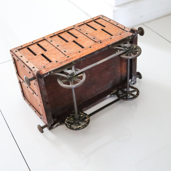 TRAIN-WAGON 1900 Antique Desk Cigar Box With Wheels In Oak Wood & Bronze