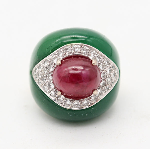 ITALIAN 1970 Modernist Bombe Cocktail Ring In 18Kt Diamonds Chrysoprase & Ruby