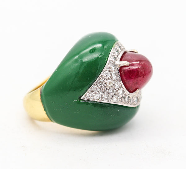 ITALIAN 1970 Modernist Bombe Cocktail Ring In 18Kt Diamonds Chrysoprase & Ruby