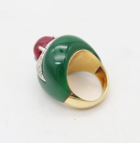 ITALIAN 1970 Modernist Bombe Cocktail Ring In 18Kt Diamonds Chrysoprase & Ruby