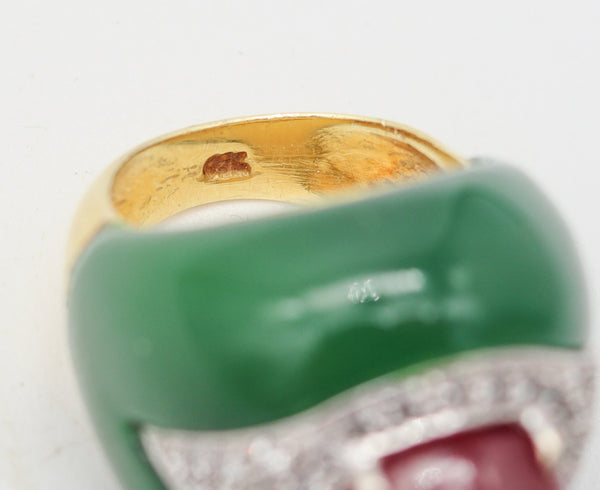 ITALIAN 1970 Modernist Bombe Cocktail Ring In 18Kt Diamonds Chrysoprase & Ruby