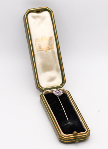 -Cartier Paris 1900 Edwardian Guilloche Enamel Pin In 18Kt Gold Platinum And Diamonds