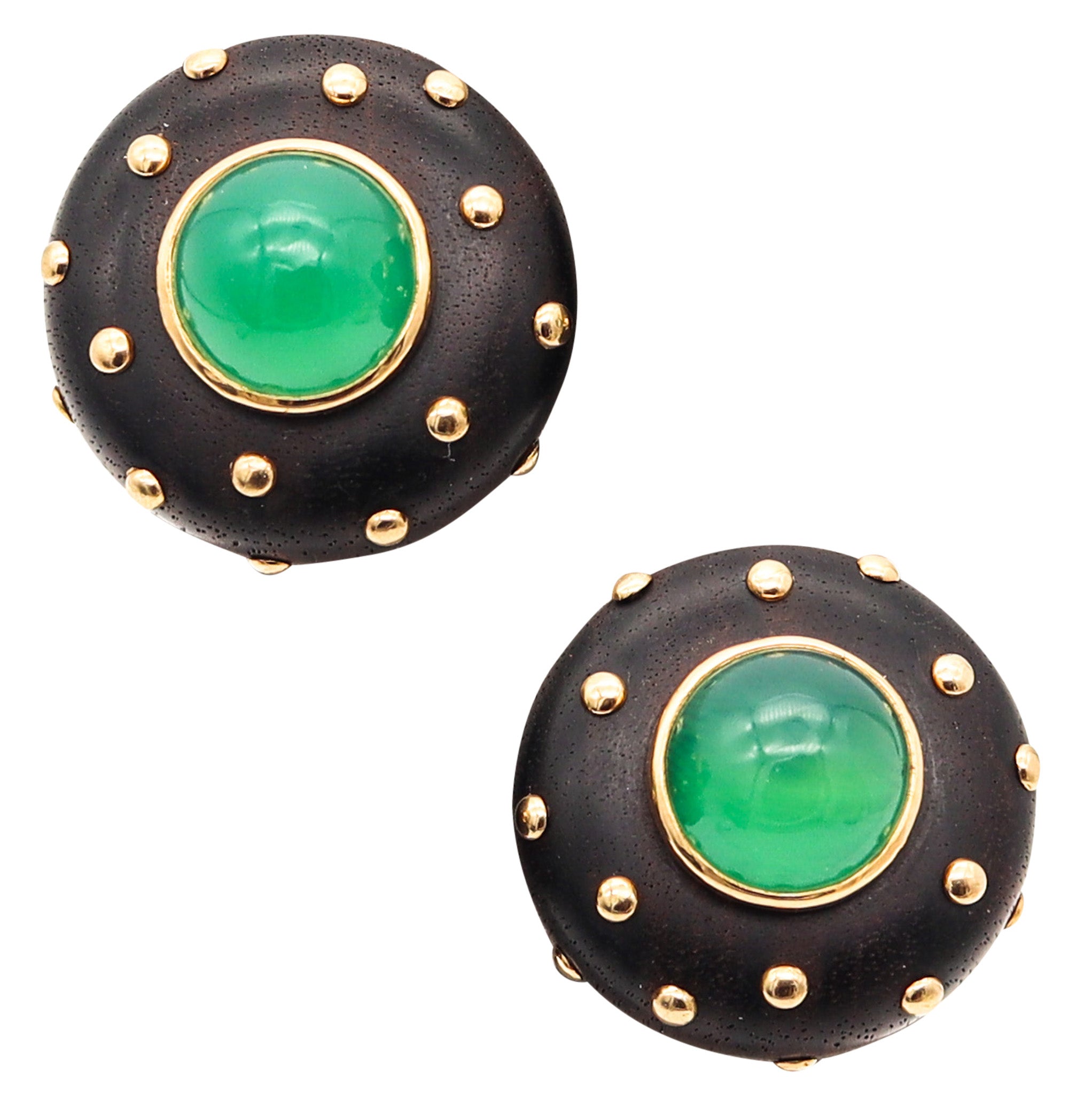 FRENCH 1970 Modernist Wood Clips Earrings In 18Kt Yellow Gold With Chrysoprase