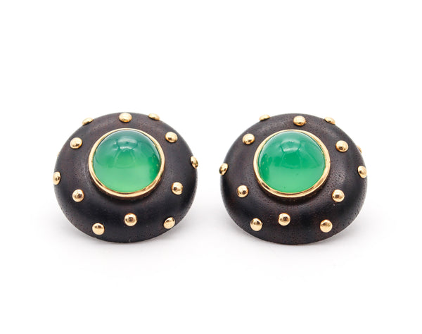 FRENCH 1970 Modernist Wood Clips Earrings In 18Kt Yellow Gold With Chrysoprase