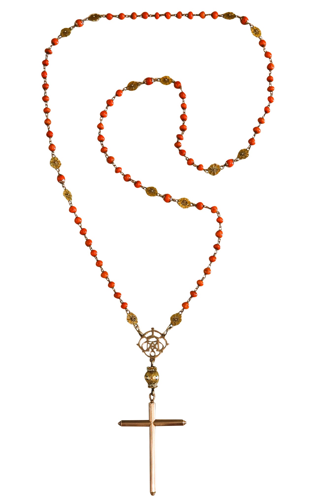 SPANISH-IBERIAN 1780 Coral Rosary In 18Kt Gold With Seed Pearls From Late 18th Century