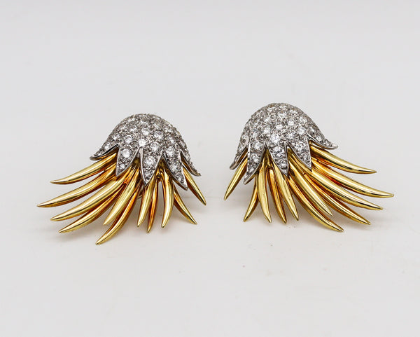 -Tiffany & Co 1970 Flames Earrings In 18Kt Gold And Platinum With 3.46 Ctw Diamonds