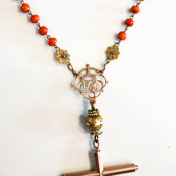 SPANISH-IBERIAN 1780 Coral Rosary In 18Kt Gold With Seed Pearls From Late 18th Century