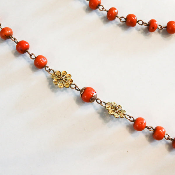 SPANISH-IBERIAN 1780 Coral Rosary In 18Kt Gold With Seed Pearls From Late 18th Century