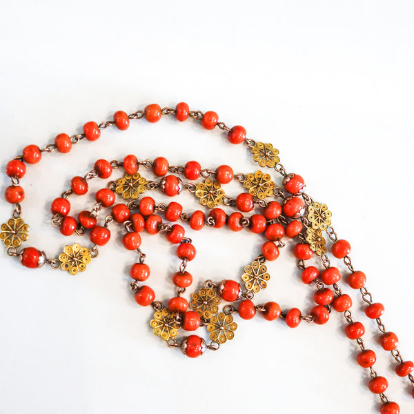 SPANISH-IBERIAN 1780 Coral Rosary In 18Kt Gold With Seed Pearls From Late 18th Century