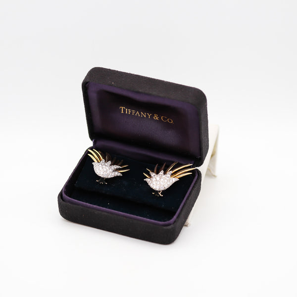 -Tiffany & Co 1970 Flames Earrings In 18Kt Gold And Platinum With 3.46 Ctw Diamonds