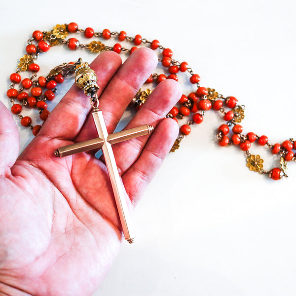 SPANISH-IBERIAN 1780 Coral Rosary In 18Kt Gold With Seed Pearls From Late 18th Century