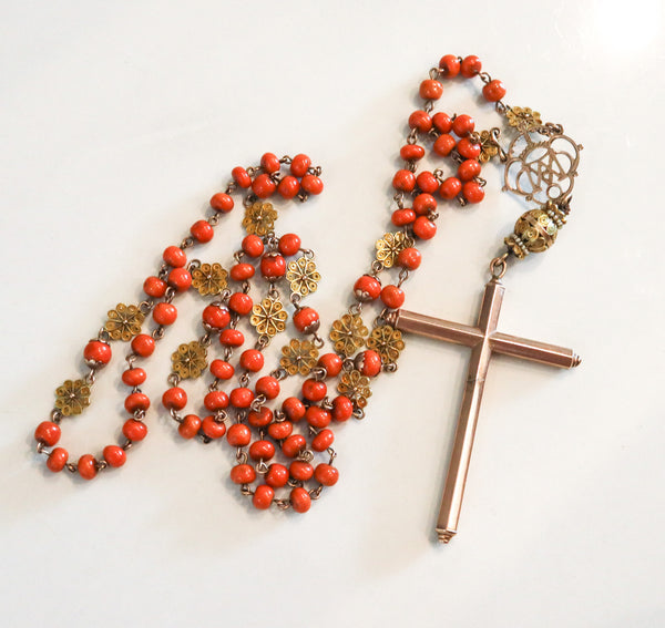 SPANISH-IBERIAN 1780 Coral Rosary In 18Kt Gold With Seed Pearls From Late 18th Century