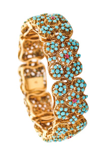 OTTAVIO MOLINA 1960 Modernist Bracelet In 18Kt Gold With Blue Turquoises & Rubies