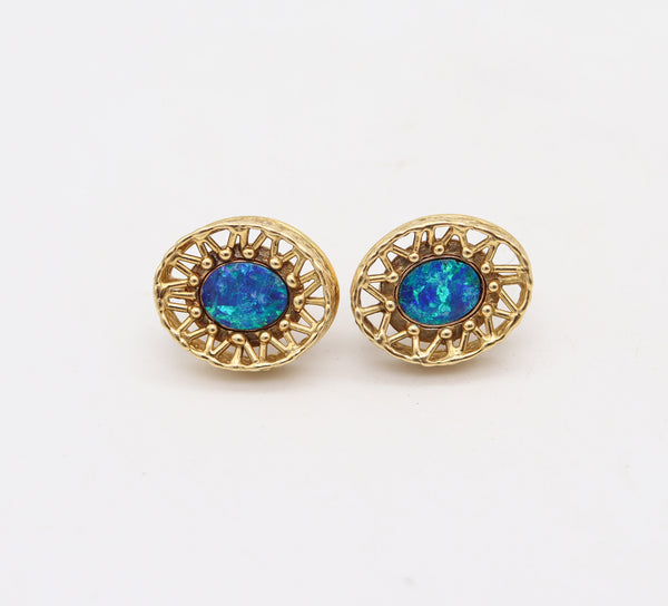 BLACK OPALS Modernist Oval Earrings-Studs In Solid Textured 18Kt Yellow Gold