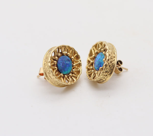 BLACK OPALS Modernist Oval Earrings-Studs In Solid Textured 18Kt Yellow Gold