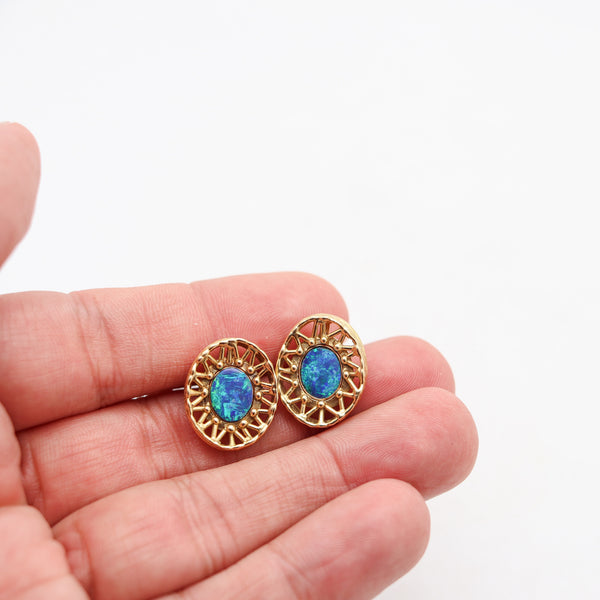 BLACK OPALS Modernist Oval Earrings-Studs In Solid Textured 18Kt Yellow Gold