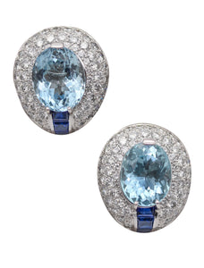 -Hemmerle Munich Platinum Earrings With 30.58 Ctw Aquamarines Diamonds Sapphires