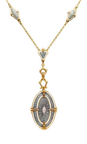 WORDLEY ALLSOPP & BLISS 1910 Edwardian Guilloche Enamel Necklace In 14Kt Gold