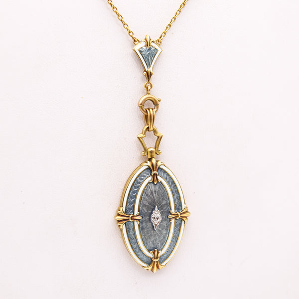 WORDLEY ALLSOPP & BLISS 1910 Edwardian Guilloche Enamel Necklace In 14Kt Gold