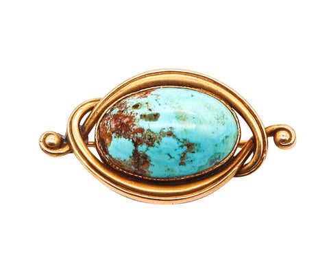 AMERICAN 1900 Art Nouveau Scrolled Brooch In 14Kt Yellow Gold With Turquoise