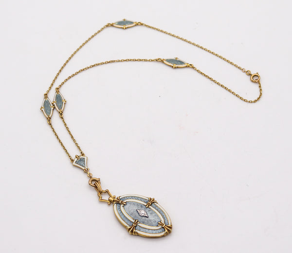 WORDLEY ALLSOPP & BLISS 1910 Edwardian Guilloche Enamel Necklace In 14Kt Gold