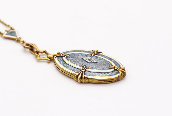 WORDLEY ALLSOPP & BLISS 1910 Edwardian Guilloche Enamel Necklace In 14Kt Gold