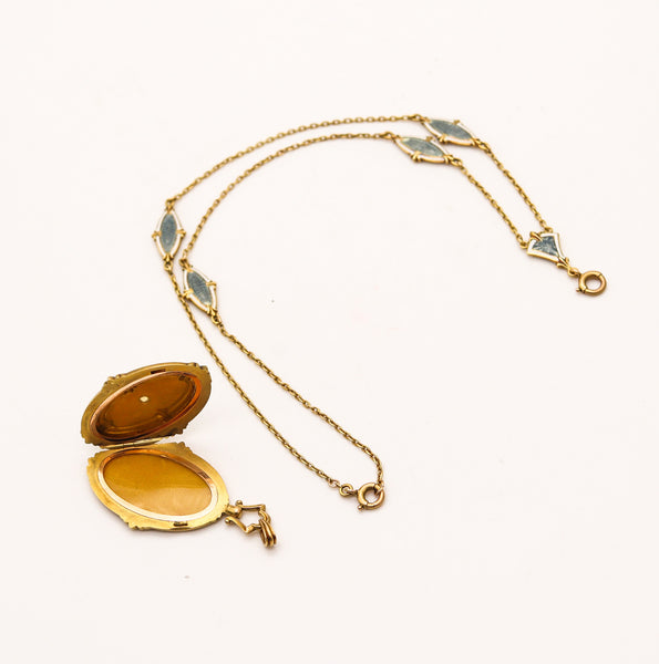 WORDLEY ALLSOPP & BLISS 1910 Edwardian Guilloche Enamel Necklace In 14Kt Gold