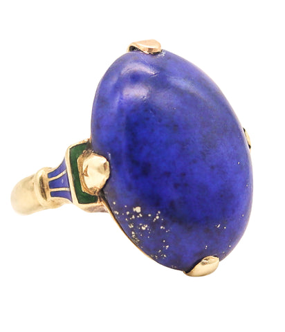 ART DECO 1925 Egyptian Revival Enameled Ring In 14Kt Yellow Gold With Lapis Lazuli