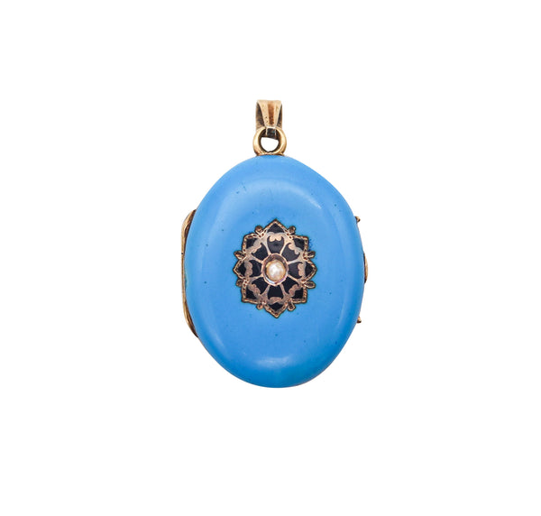 VICTORIAN 1880 England Blue Enameled Pendant Locked In 14Kt Yellow Gold