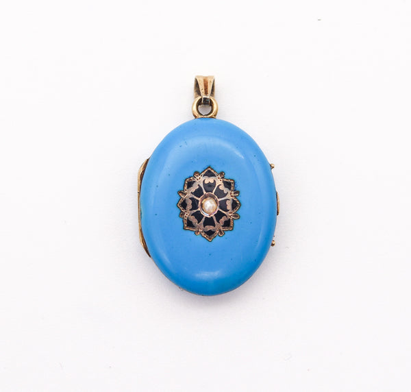 VICTORIAN 1880 England Blue Enameled Pendant Locked In 14Kt Yellow Gold