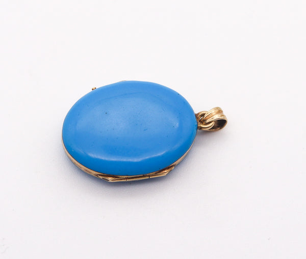 VICTORIAN 1880 England Blue Enameled Pendant Locked In 14Kt Yellow Gold