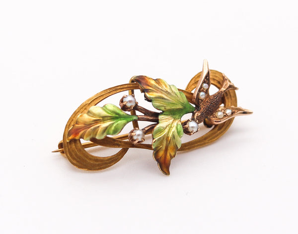 ART NOUVEAU 1900 Enameled Flowers Pin Brooch in 10Kt Gold & Natural Pearls