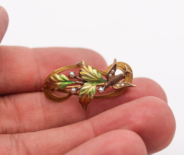 ART NOUVEAU 1900 Enameled Flowers Pin Brooch in 10Kt Gold & Natural Pearls