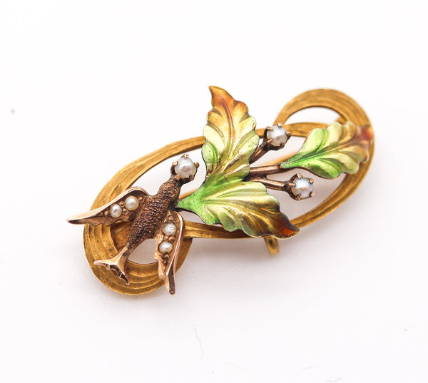 ART NOUVEAU 1900 Enameled Flowers Pin Brooch in 10Kt Gold & Natural Pearls