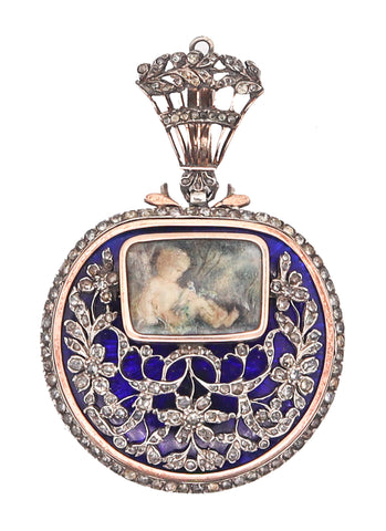 GEORGIAN 1810 England Blue Enameled Pendant In Silver Gold & Diamonds