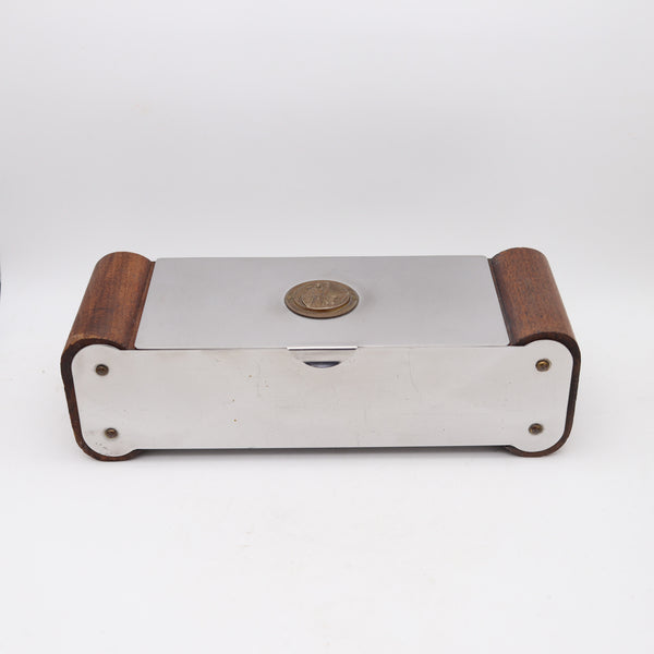 FLORON Chicago 1930 Art Deco Geometric Desk Box In Steel & Carved Cedarwood