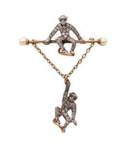 FRENCH 1900 Circus Monkeys Brooch In 14-18Kt Gold & Silver With Diamonds