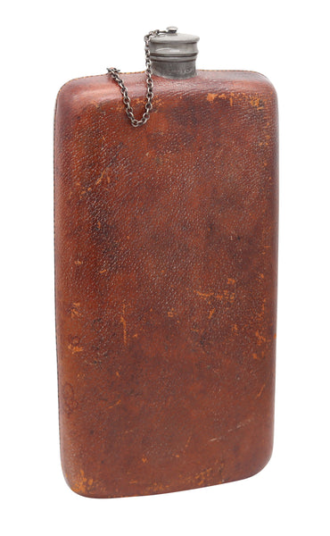EDWARDIAN 1900 Large Liquor Flask In Pewter And Brown Leather