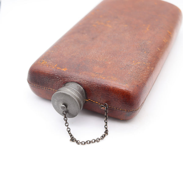 EDWARDIAN 1900 Large Liquor Flask In Pewter And Brown Leather