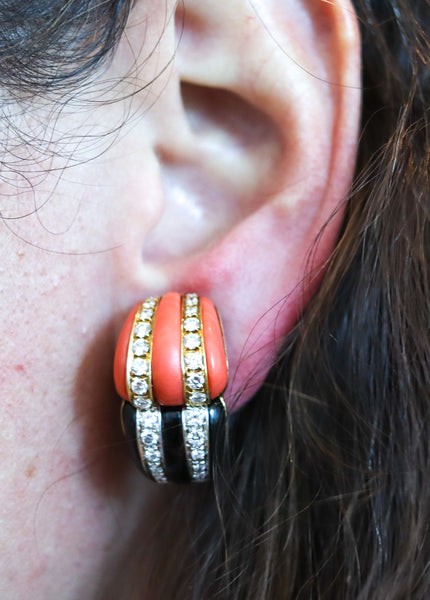 FRENCH Modernist Clips On Earrings In 18Kt Gold With Diamonds Coral & Onyxes
