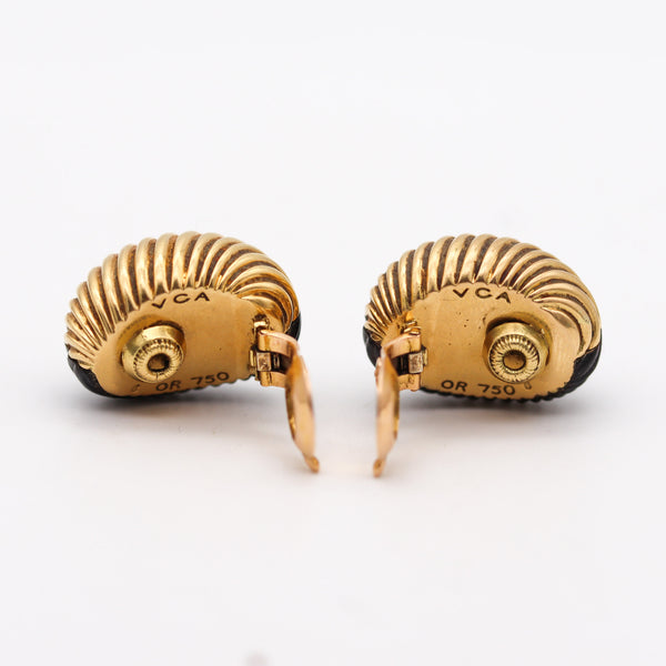 -Van Cleef & Arpels 1970 Paris Clips On Earrings In 18Kt Gold With Carved Wood