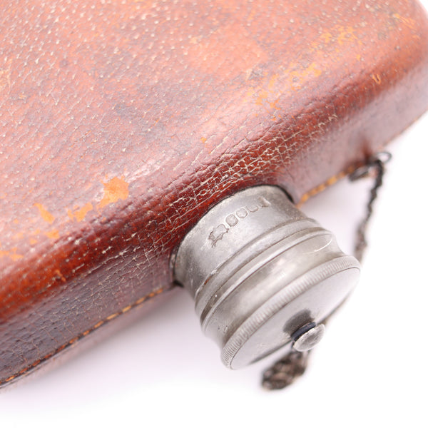 EDWARDIAN 1900 Large Liquor Flask In Pewter And Brown Leather