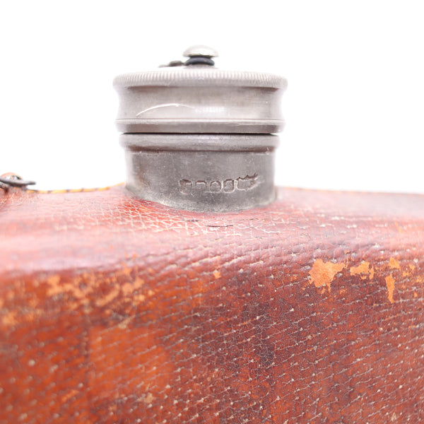 EDWARDIAN 1900 Large Liquor Flask In Pewter And Brown Leather