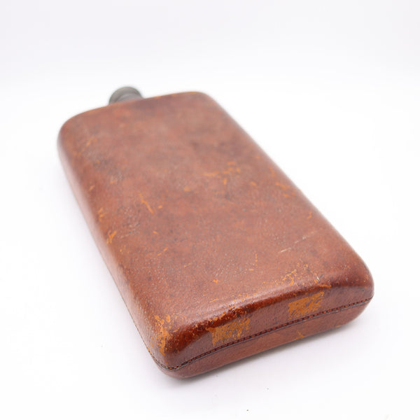 EDWARDIAN 1900 Large Liquor Flask In Pewter And Brown Leather