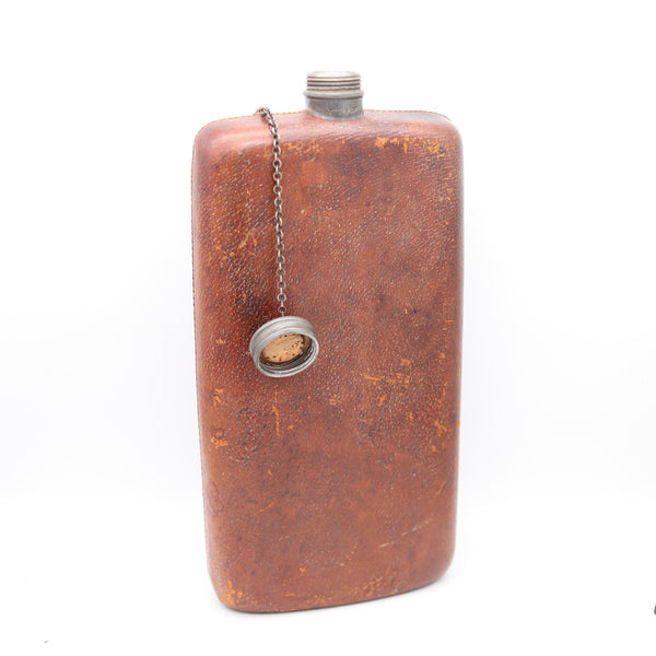 EDWARDIAN 1900 Large Liquor Flask In Pewter And Brown Leather
