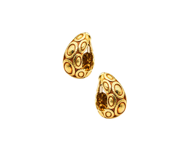 -David Webb 1976 Cased Mayan Hoop Clips Earrings In Solid 18Kt Yellow Gold