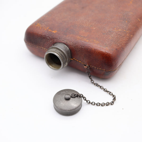 EDWARDIAN 1900 Large Liquor Flask In Pewter And Brown Leather