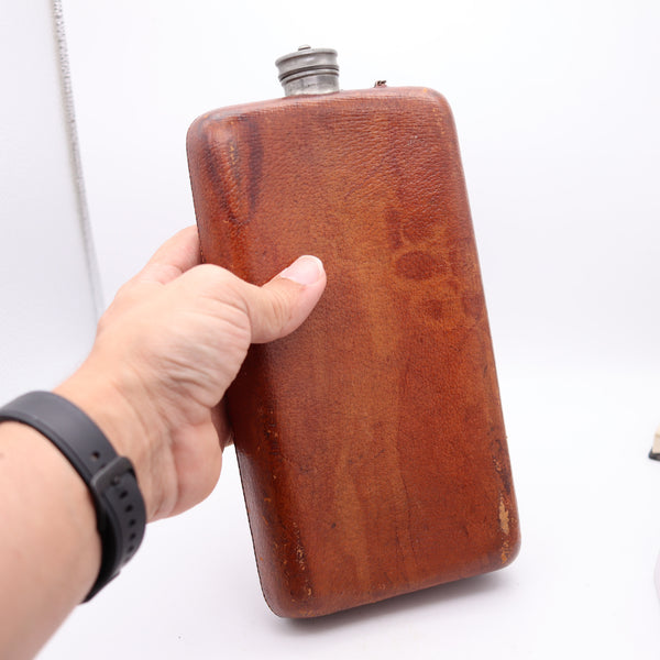 EDWARDIAN 1900 Large Liquor Flask In Pewter And Brown Leather